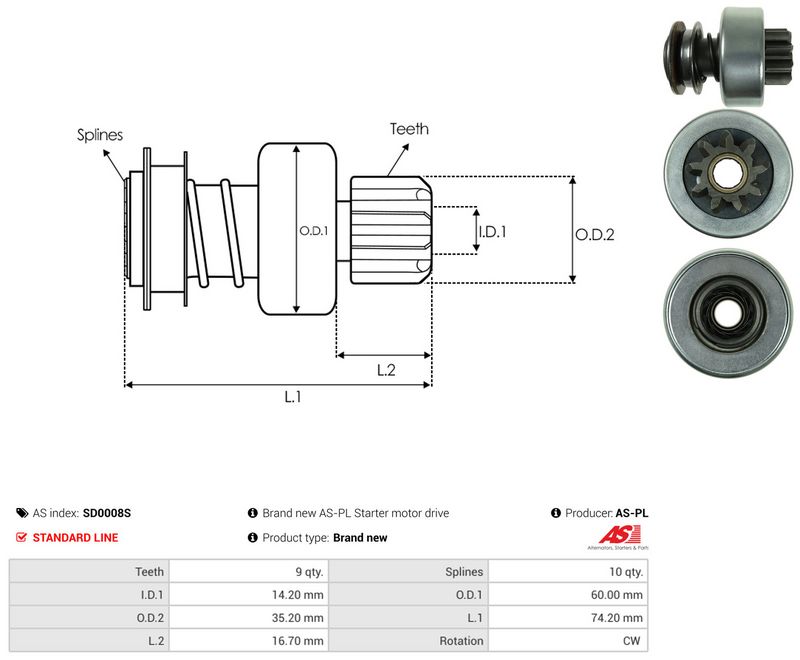 AS-PL SD0008S Freewheel Gear, starter