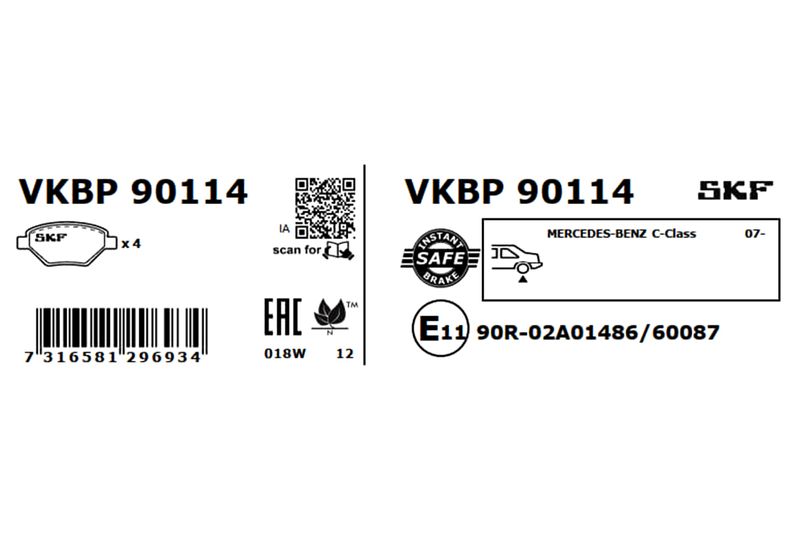 Комплект гальмівних накладок, дискове гальмо, Skf VKBP90114