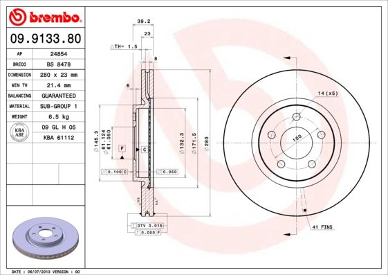 Гальмівний диск, Brembo 09.9133.81