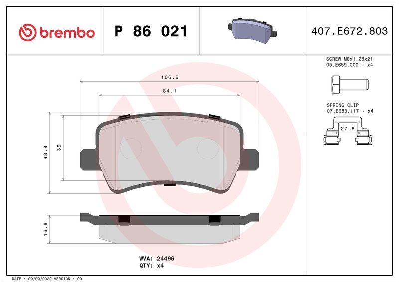 BREMBO fékbetétkészlet, tárcsafék P 86 021X