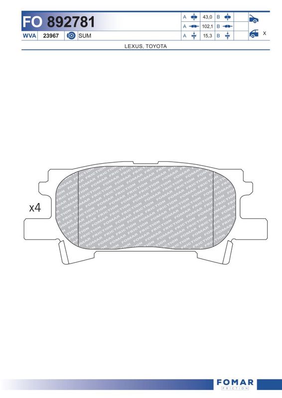 Комплект гальмівних накладок, дискове гальмо, Fomar 892781