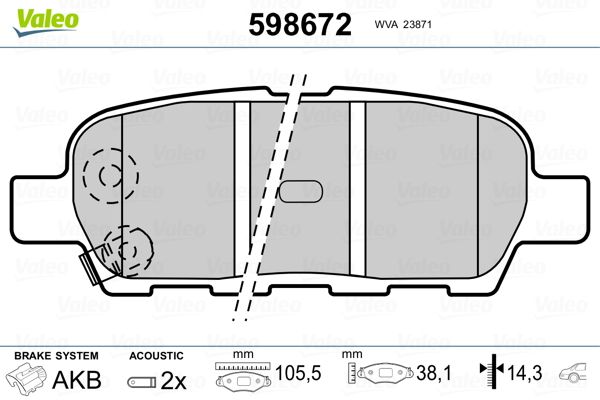 Комплект гальмівних накладок, дискове гальмо, Valeo 598672