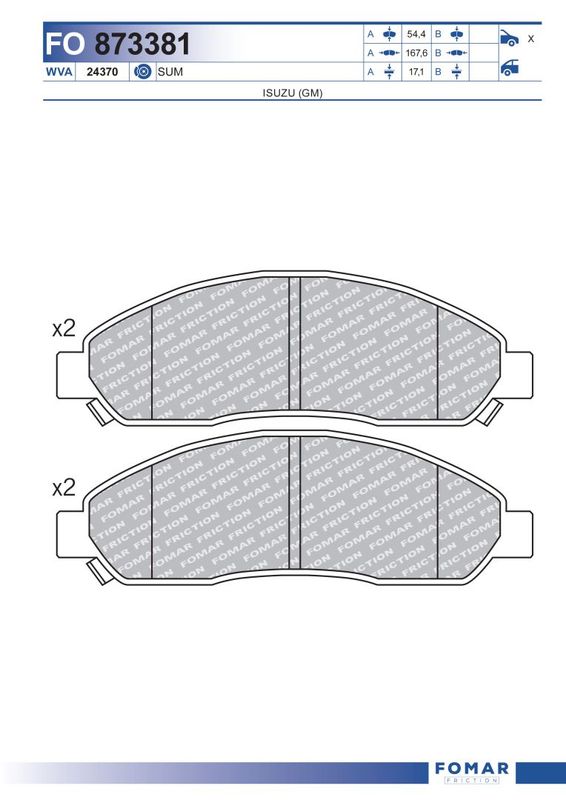 Комплект гальмівних накладок, дискове гальмо, Fomar 873381