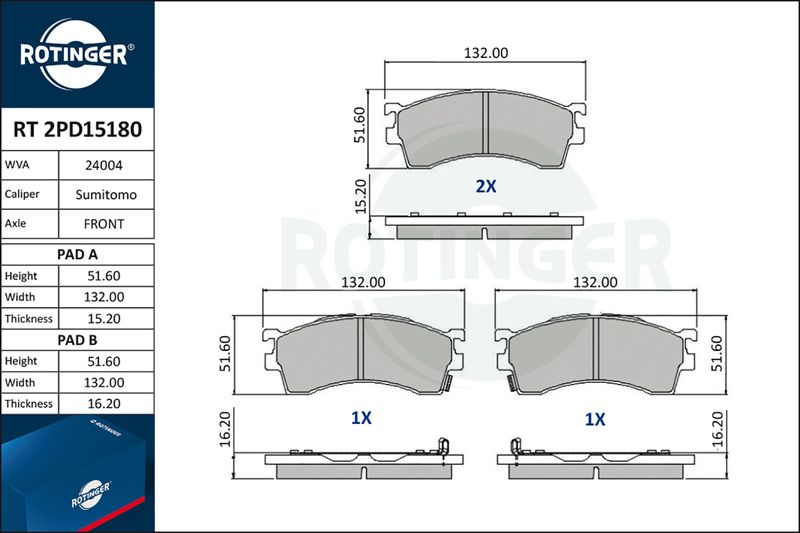 ROTINGER fékbetétkészlet, tárcsafék RT 2PD15180