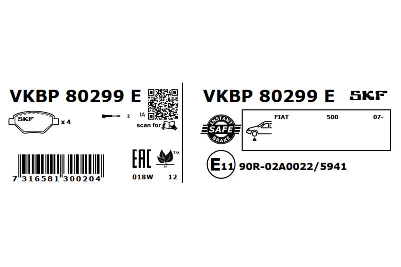 Комплект гальмівних накладок, дискове гальмо, Skf VKBP80299E