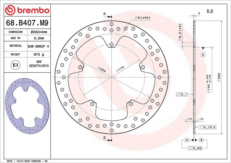 Brake disc Voor vast, 292/155x4mm 5x170mm, diameter bevestigingsgat 8,5mm, hoogte (tussenruimte) 0 past: YAMAHA YZF-R125 125 2008-2013