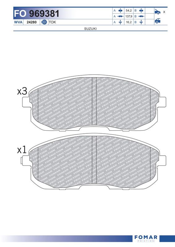 Комплект гальмівних накладок, дискове гальмо, Fomar 969381