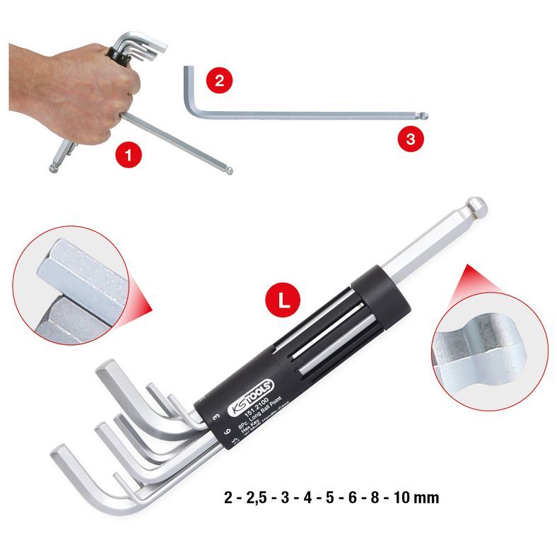 3-i-1 insex vinkelstiftnyckelsats, 8-delar, lång, kulhuvud