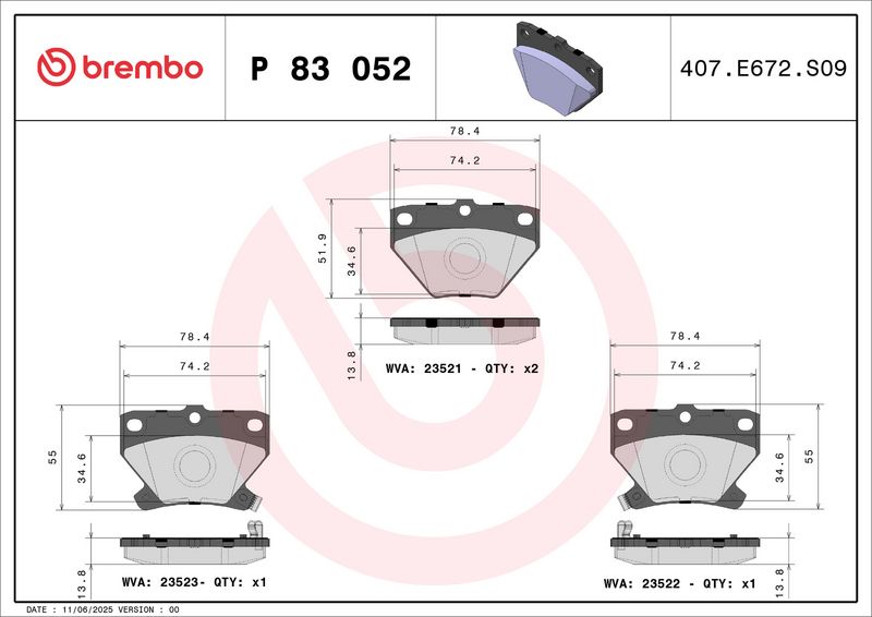 BREMBO P 83 052 Stabdžių trinkelių rinkinys, diskinis stabdys