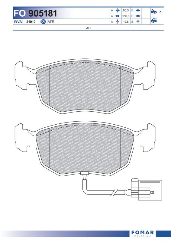 Комплект гальмівних накладок, дискове гальмо, Fomar 905181
