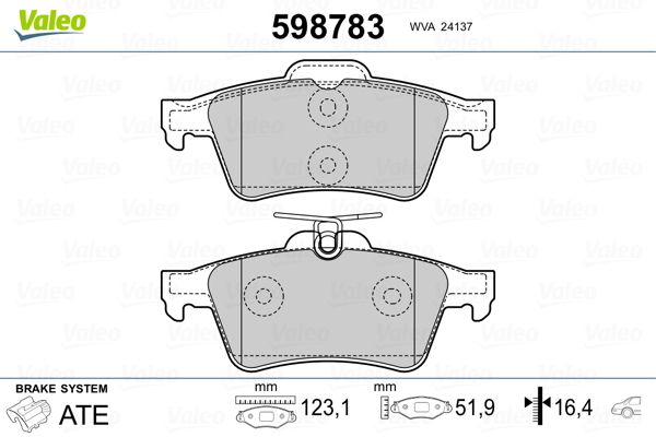 Комплект гальмівних накладок, дискове гальмо, Valeo 598783