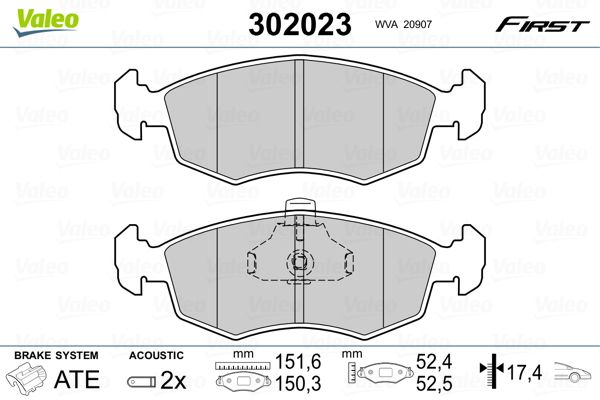 Комплект гальмівних накладок, дискове гальмо, Valeo 302023