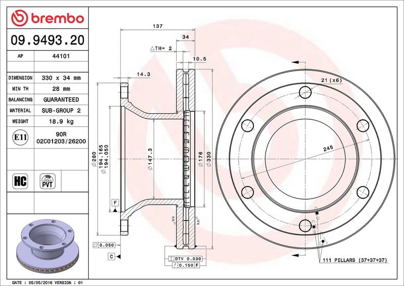BREMBO 09.9493.20 Brake Disc
