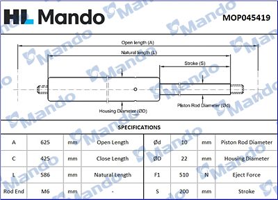 Газова пружина, багажник/кузов, Mando MOP045419