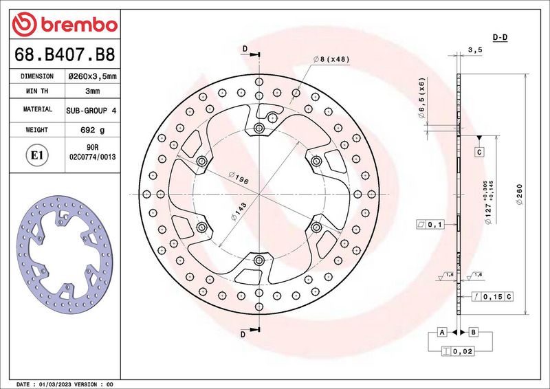 Brake disc Voor vast, 260/127x3,5mm 6x143mm, diameter bevestigingsgat 6,5mm, hoogte (tussenruimte) 0 past: HUSABERG FC 125/125VC (Cross)/144/200/200 (Six Days)/250/250 (SixDays)/250 2T/250 4T/300/360/