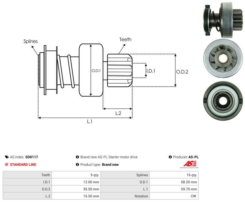 AS-PL SD0117 Freewheel Gear, starter