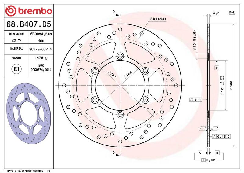 Brake disc Voor vast, 300/121x4,5mm 6x142mm, diameter bevestigingsgat 10,5mm, hoogte (tussenruimte) 0 past: SUZUKI DR 650/650R/650R (Dakar)/650RE/650RS/650RSE/650SE/800S (Big) 1991-1996