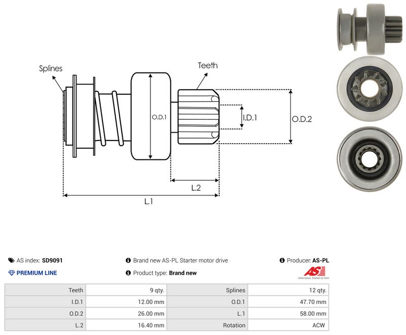 AS-PL SD9091 Freewheel Gear, starter