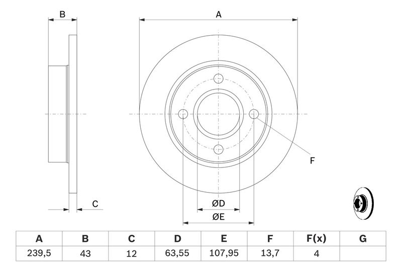 BOSCH диск гальмівний передній 239,7*12 FORD Fiesta, Ka MAZDA 121