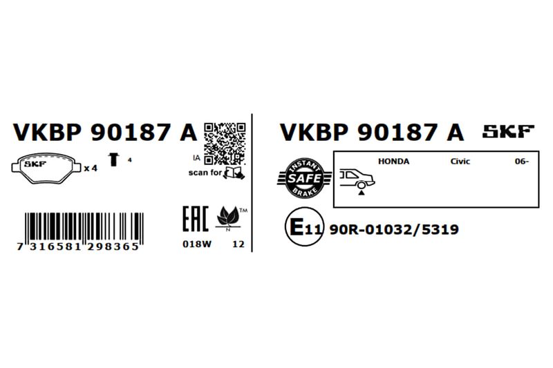 Комплект гальмівних накладок, дискове гальмо, Skf VKBP90187A