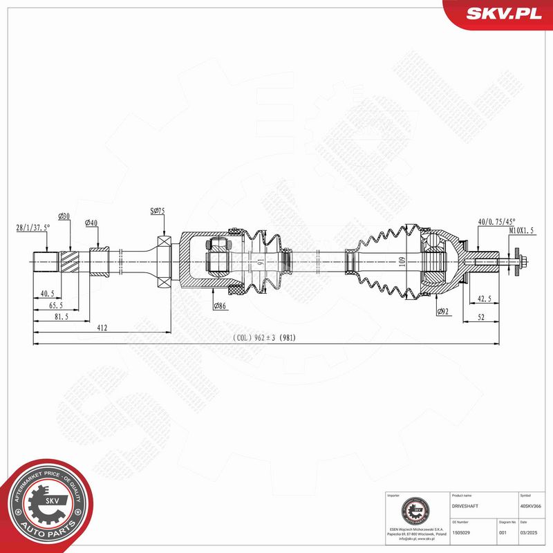 ESEN SKV 40SKV366 Drive Shaft