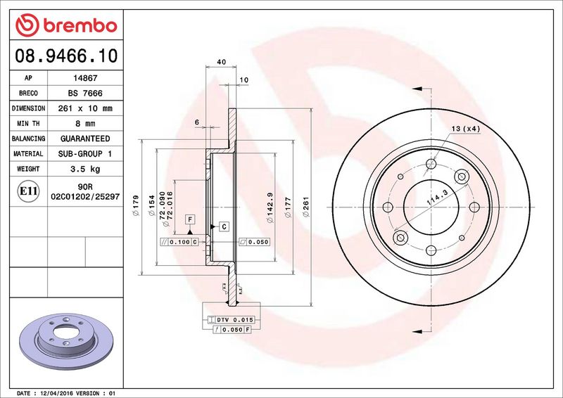 BREMBO 08.9466.10 Гальмівний диск