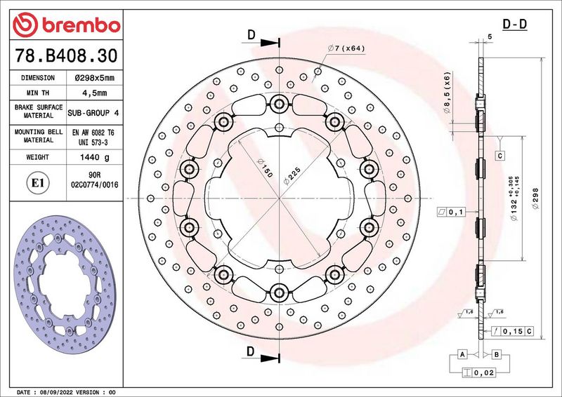 Brake disc Voor drijvend, 298/132x5mm 6x150mm, diameter bevestigingsgat 8,5mm, hoogte (tussenruimte) 0 past: YAMAHA BT 1000/1000 (Fazer)/1000R (Thunder Ace)/1100 (Bulldog)/1100 (Drag Star)/1100A (Drag