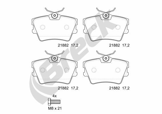 Комплект гальмівних накладок, дискове гальмо, Breck 218820070400