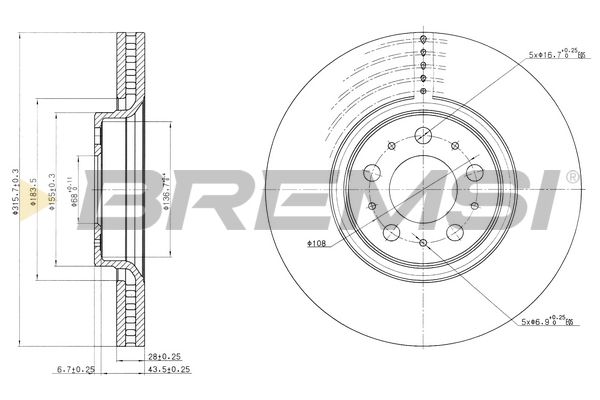 Тормозной диск передний VOLVO XC90 2.4-3.2 02-14 (316x28mm) BREMSI CD7426V