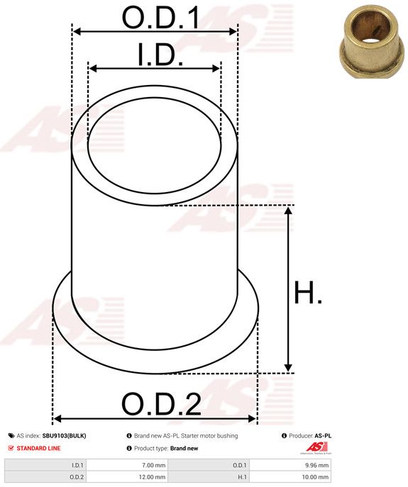 AS-PL SBU9103(BULK) Bush, starter shaft