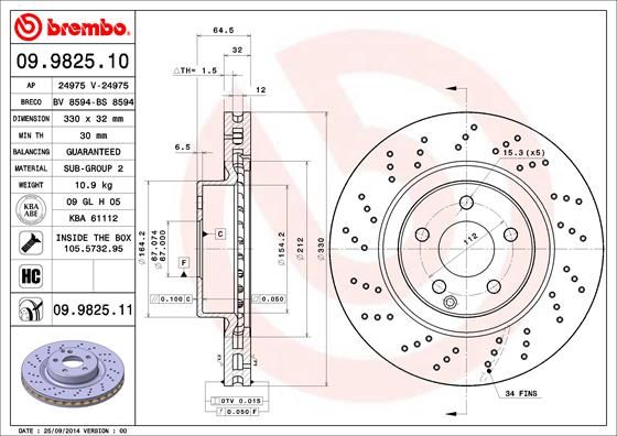 Гальмівний диск, Brembo 09.9825.11