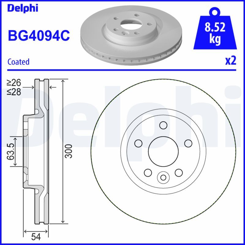 DELPHI BG4094C Диск тормозной (передний)(к-кт 2шт)Range Rover Freelander/Volvo S60/S80 11- (300x28) (с упр)