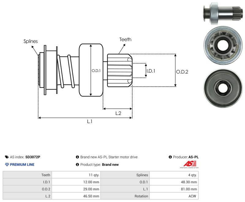 AS-PL SD3072P Freewheel Gear, starter