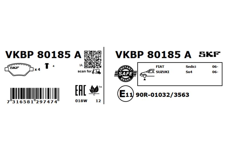 Комплект гальмівних накладок, дискове гальмо, Skf VKBP80185A