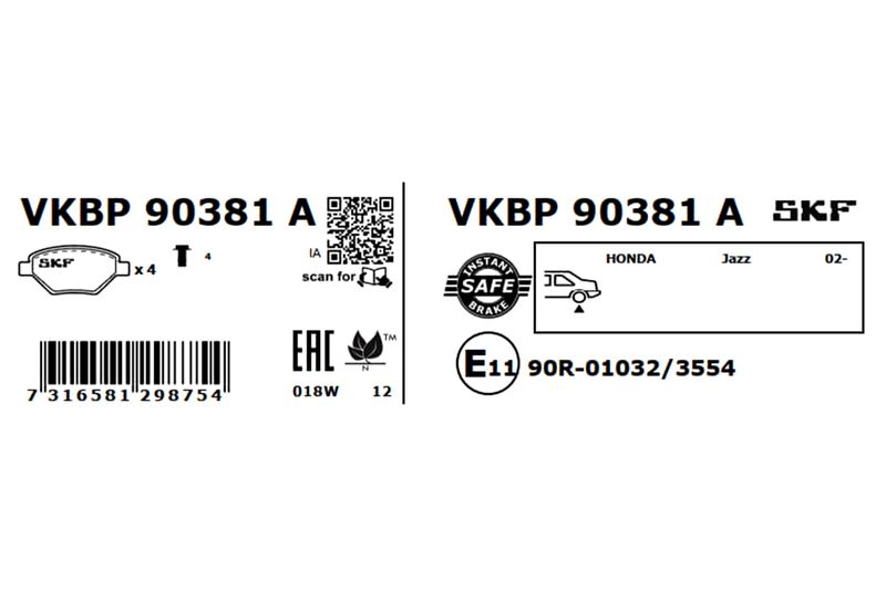 Комплект гальмівних накладок, дискове гальмо, Skf VKBP90381A