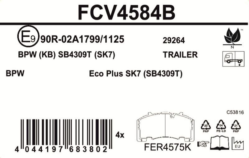 Sada brzdových destiček, kotoučová brzda FCV4584B