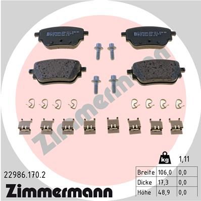 Комплект гальмівних накладок, дискове гальмо, Zimmermann 22986.170.2