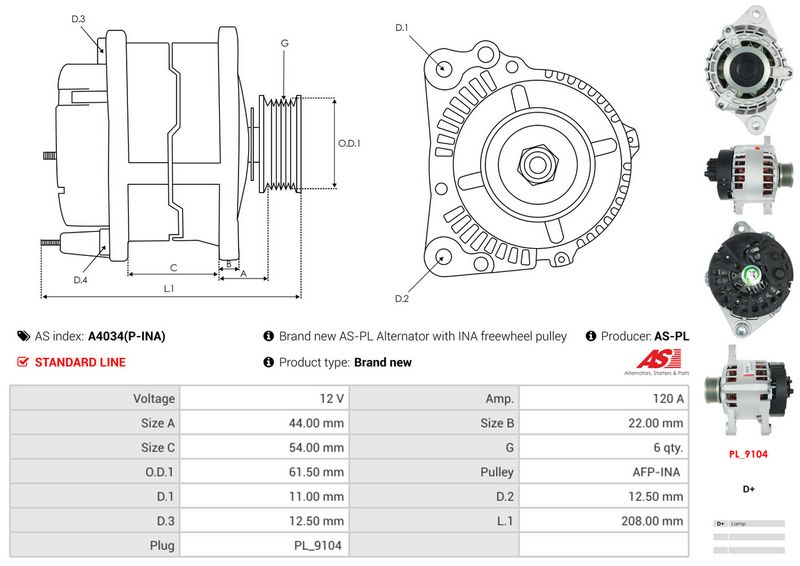 AS-PL A4034(P-INA) Alternator