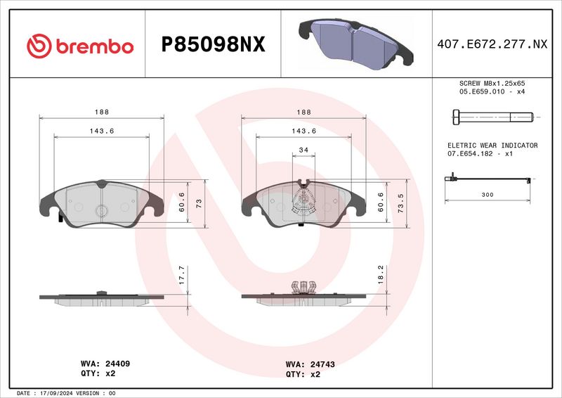 Piduriklotsi komplekt, ketaspidur, BREMBO P85098NX