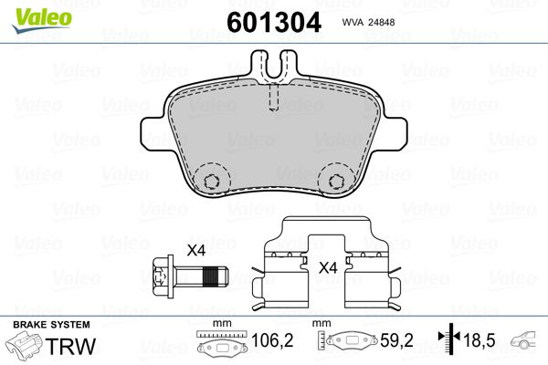 Комплект гальмівних накладок, дискове гальмо, Valeo 601304