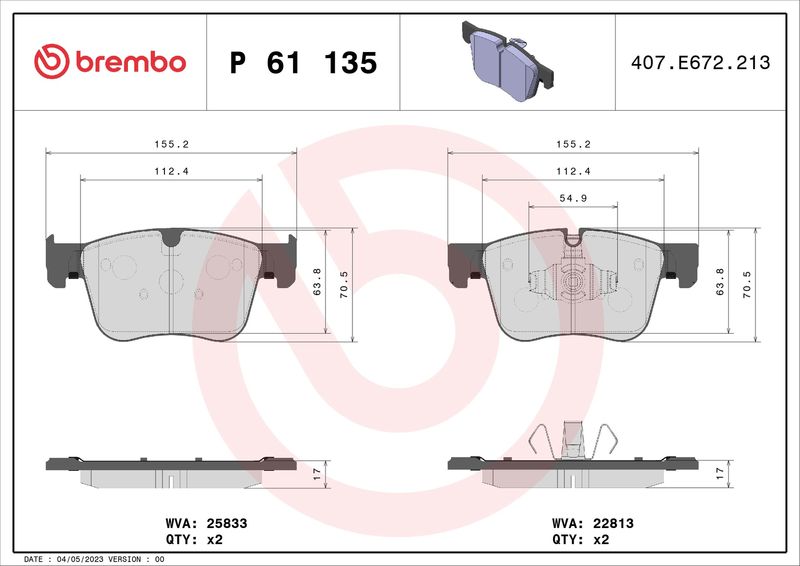 Комплект гальмівних накладок, дискове гальмо, Brembo P61135X