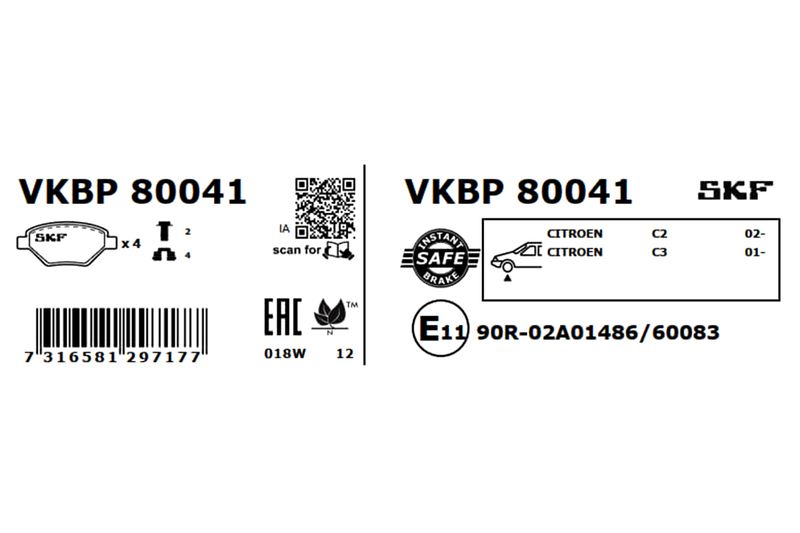 Комплект гальмівних накладок, дискове гальмо, Skf VKBP80041