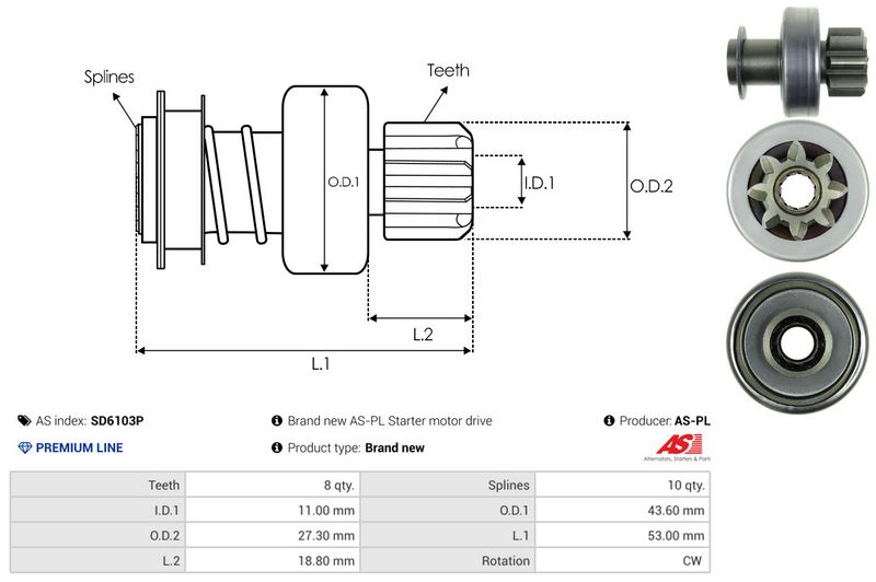 AS-PL SD6103P Freewheel Gear, starter