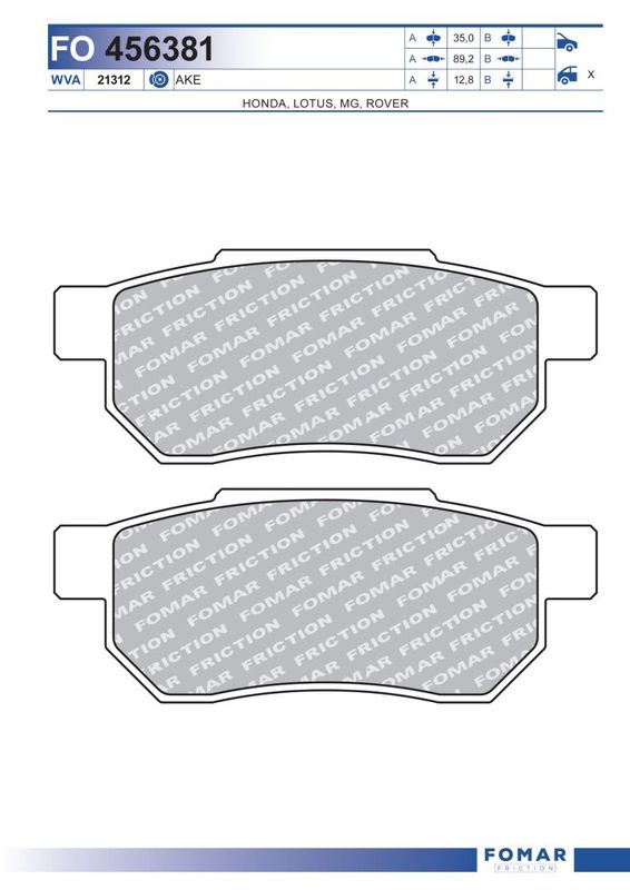 Комплект гальмівних накладок, дискове гальмо, Fomar 456381