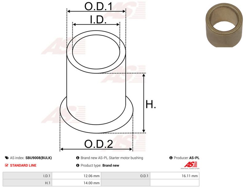 AS-PL SBU9008(BULK) Bush, starter shaft