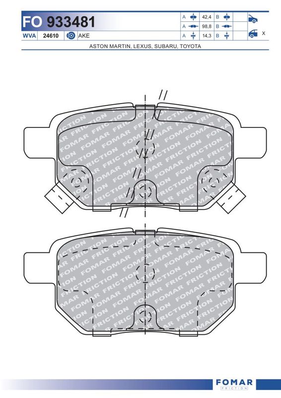 Комплект гальмівних накладок, дискове гальмо, Fomar 933481