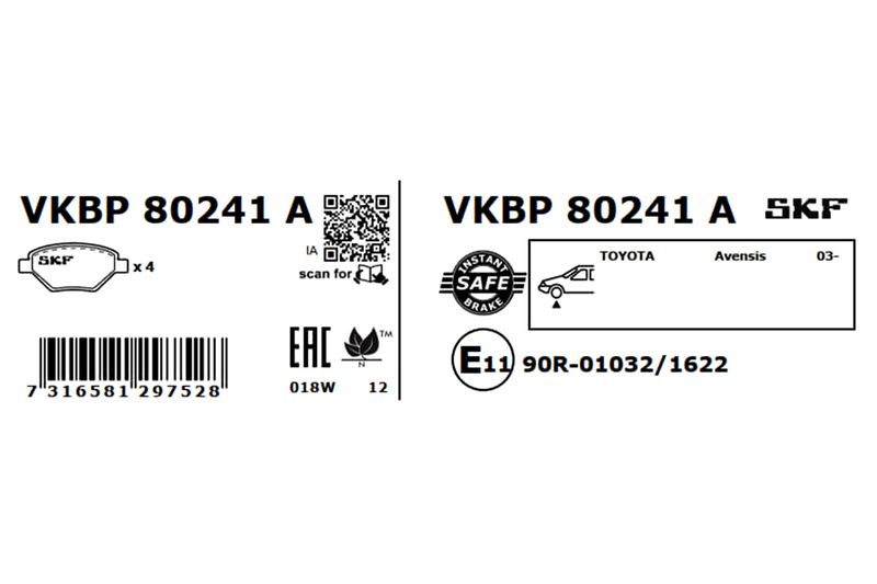 Комплект гальмівних накладок, дискове гальмо, Skf VKBP80241A