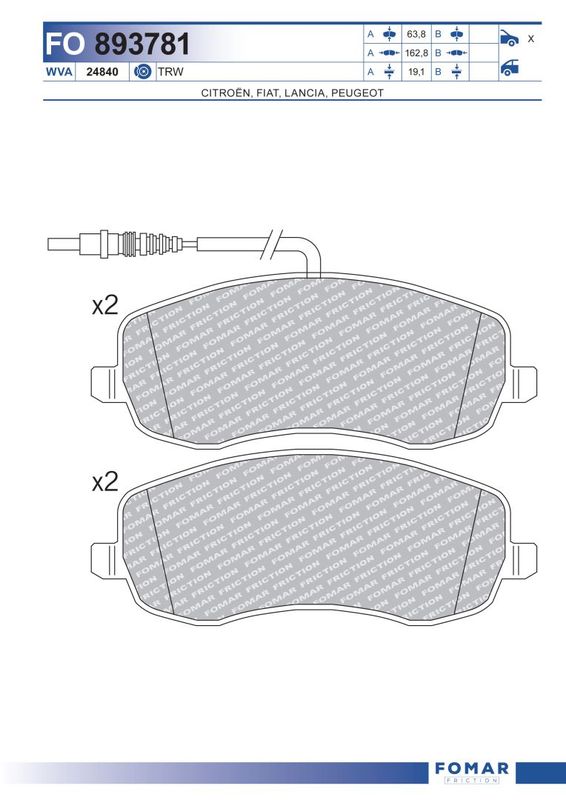 Комплект гальмівних накладок, дискове гальмо, Fomar 893781