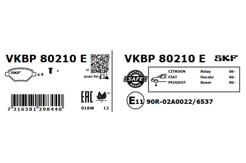 Комплект гальмівних накладок, дискове гальмо, Skf VKBP80210E