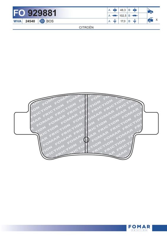 Комплект гальмівних накладок, дискове гальмо, Fomar 929881